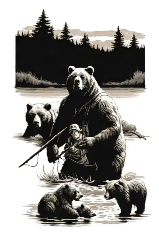 Man Fishing In A River With A Mamma Bear And Two Baby Bears In The Background