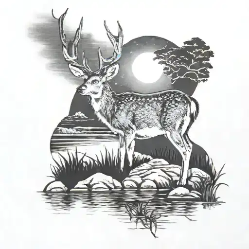 Deer Drinking From Pond Bank In The Moonlight Shining
