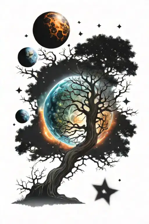 Tree Showing Roots And Planets Stars And Nebulas