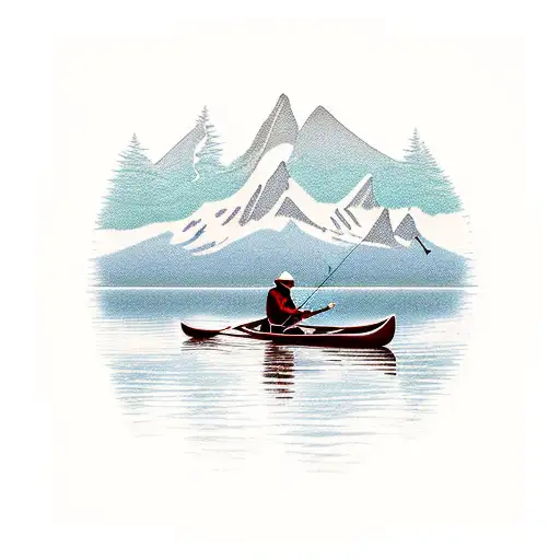 2 People Fishing On Canoe In Lake With Moutains In The Background