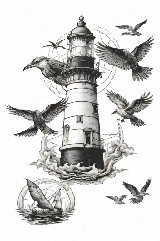 Dark Sailorboat Birds Lighthouse Thunder