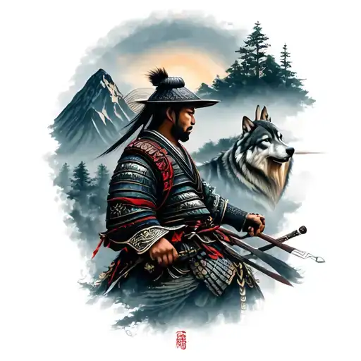 Samurai And Mountain And Wolf And Forest And Japan