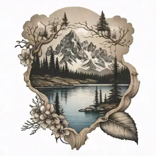 Mountain Landscape Tattoo Featuring An Alpine Lake