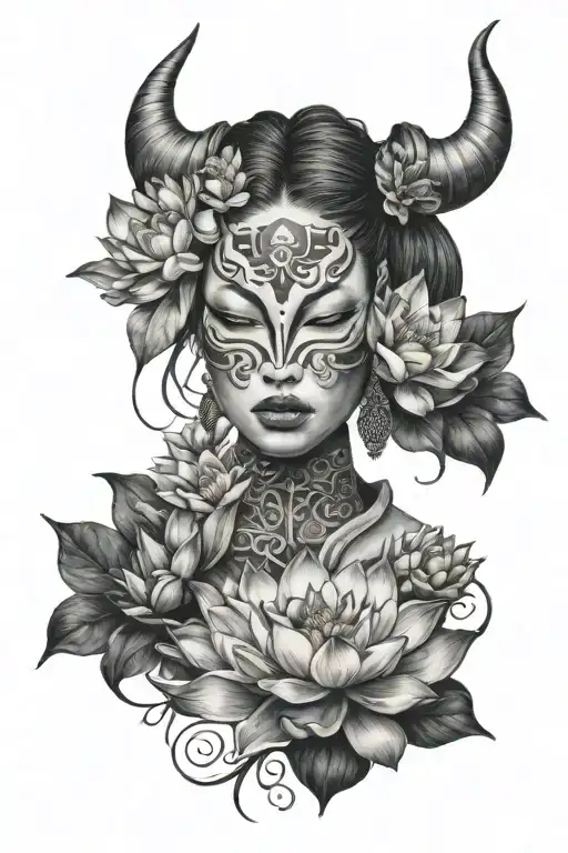 Female Face With Oni Mask And Lotus Flowers