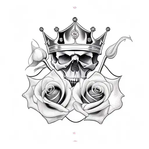 Skull Looking At An Angle Biting A Rose Stem In Mouth With A Ride At End And A King Crown On Head