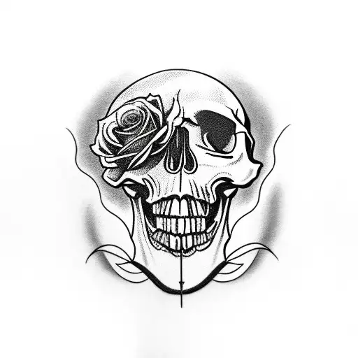 Skull Looking At An Angle Biting A Rose Stem In Mouth With A Ride At End And A King Crown On Head