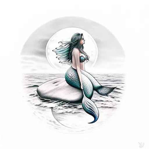 Beautiful Mermaid Looking At The Moon Sitting On Rock