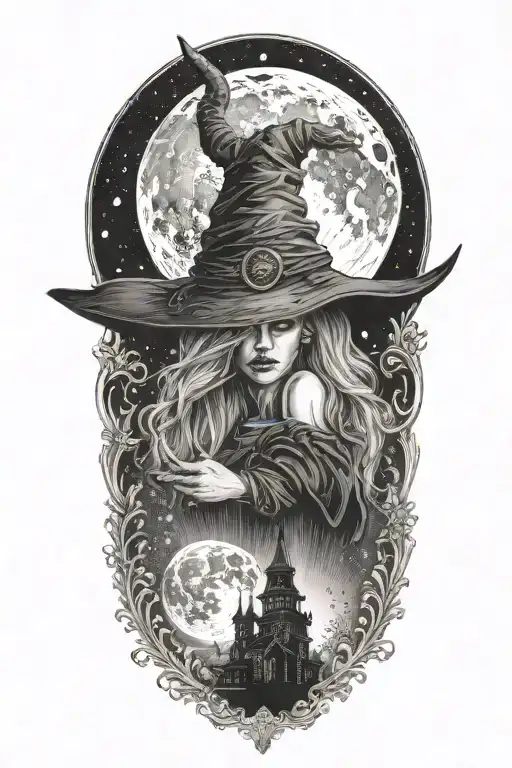 Witch Hat And Dot Work Moon Merging Together