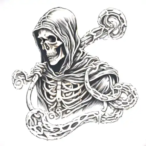 Grim Reaper With Snakes Wrapped And Momento Mori Written