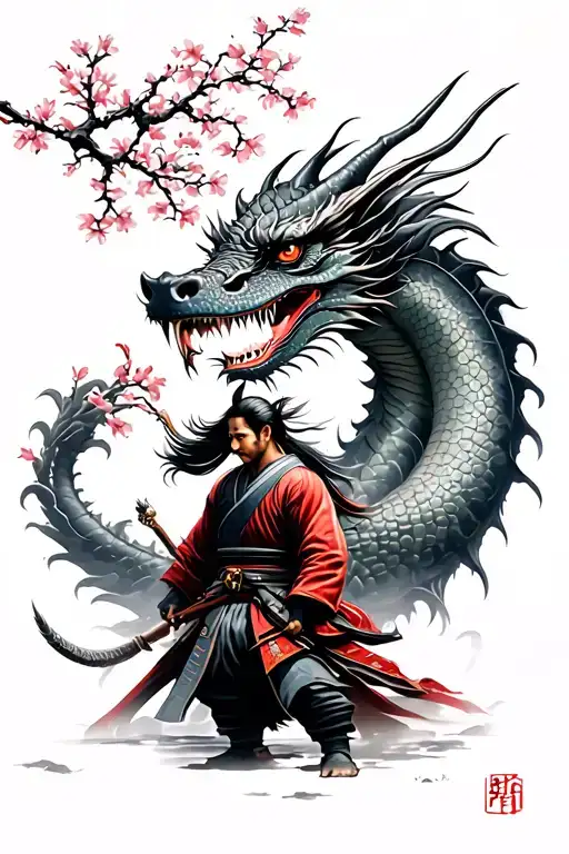 Side View Of Samurai Infront Of A Dragon With Cherry Blossoms