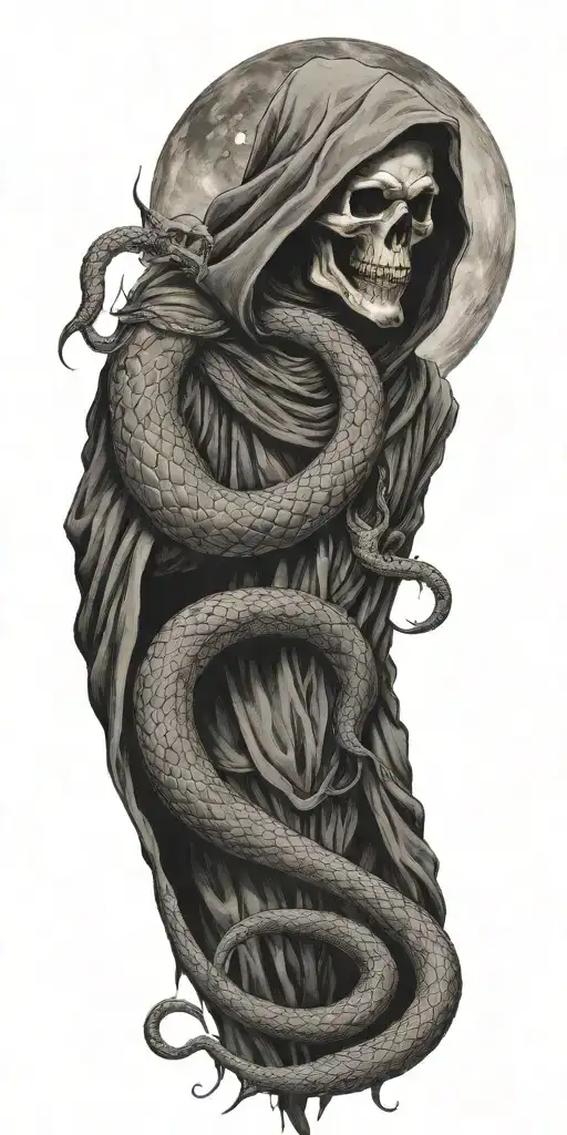 Snake With Fangs And Grim Reaper With Moon