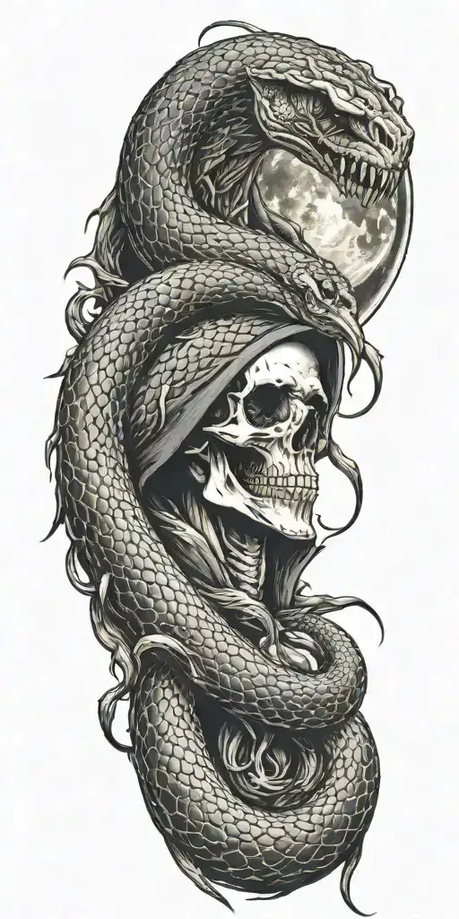 Snake With Fangs And Grim Reaper With Moon