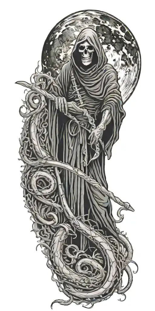 Grim Reaper With Scythe And Snakes And Moon