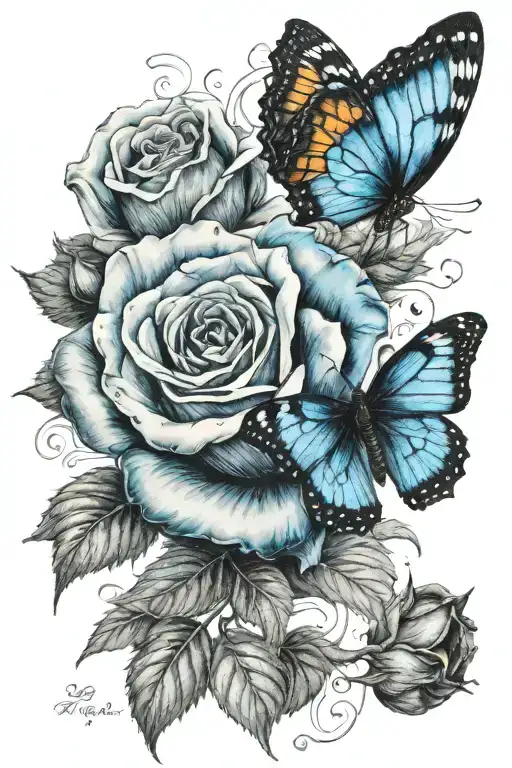 One Butterfly And Blue Rose Surrounded