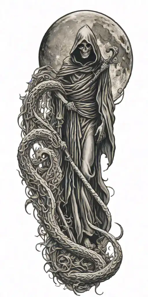 Grim Reaper With Scythe And Moon And Snake At Feet