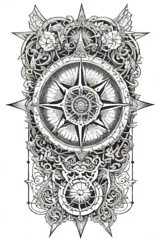 A Geometric Compass Surrounded By Intricate Thread Designs
