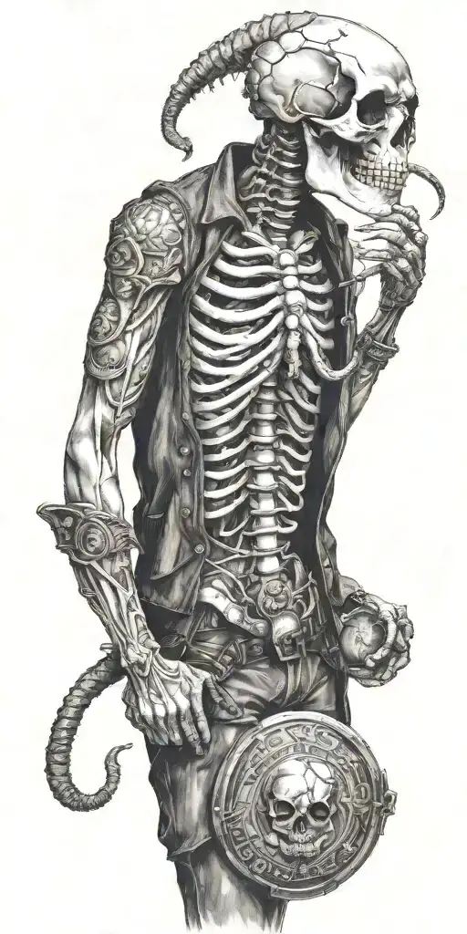Skelton In Vest And Fadora With Coin And Snakes