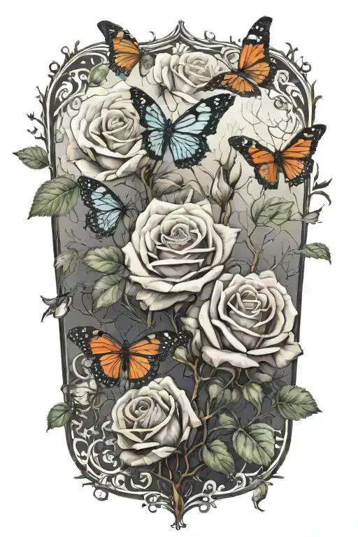 Roses And Butterflies In A Forest Background