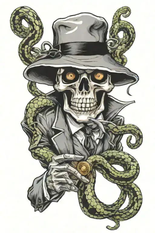 Mobster Skelton Holding Coin And Snake