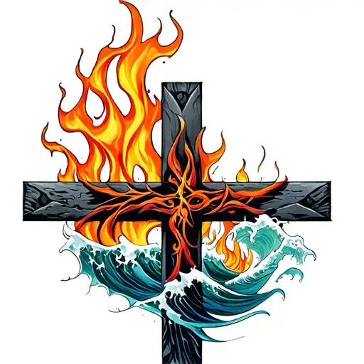 Waves And Flames With A Cross Intertwined