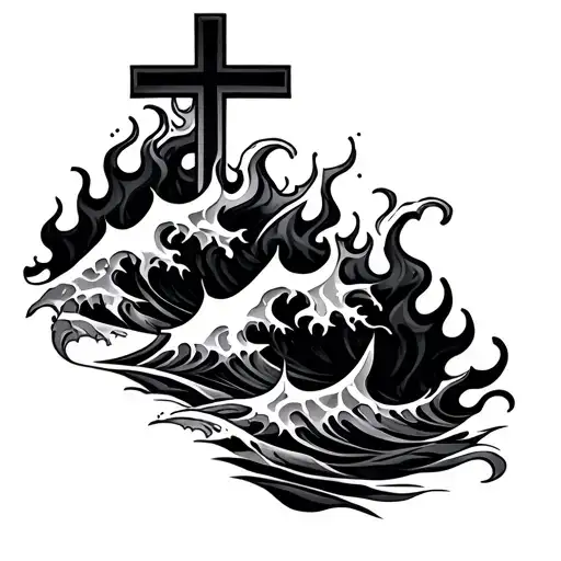 Waves And Flames With A Cross Intertwined