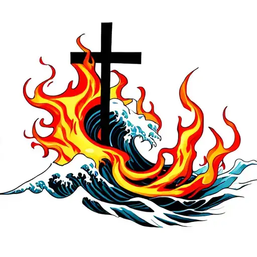 Waves And Flames With A Cross Intertwined