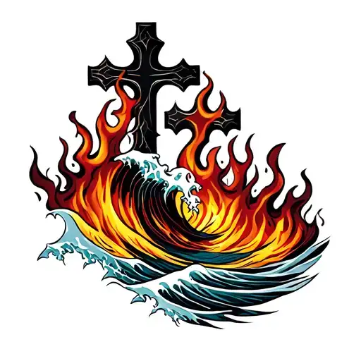 Waves And Flames With A Cross Intertwined