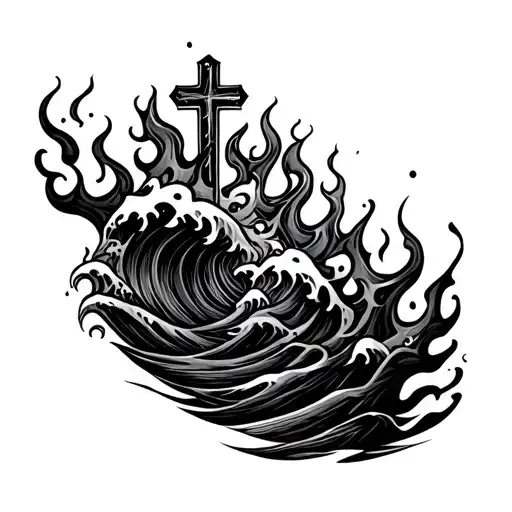 Waves And Flames With A Cross Intertwined