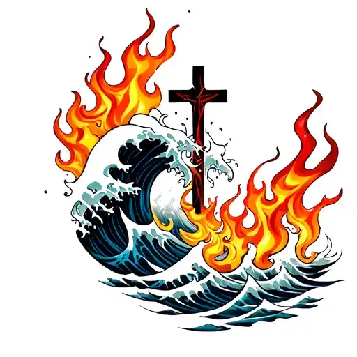 Waves And Flames With A Cross Intertwined