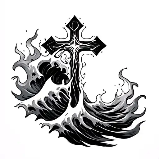 Waves And Flames With A Cross Intertwined