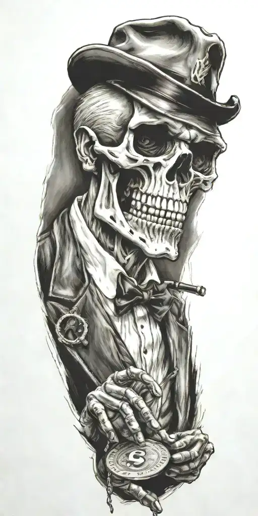 Mobster Skelton Flipping Coin
