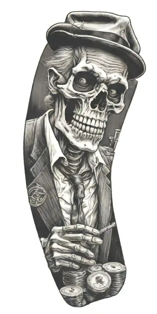 Mobster Skelton Flipping Coin