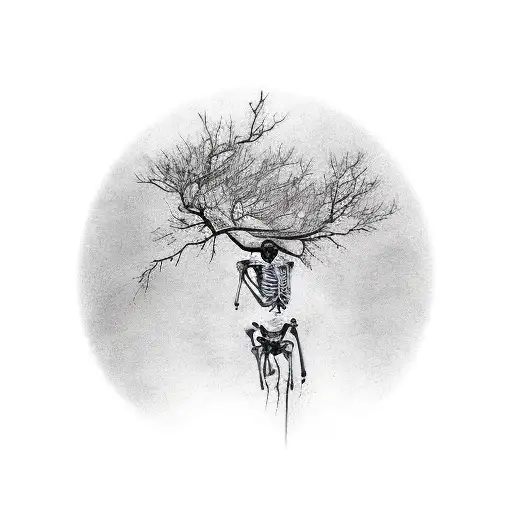 Skeleton Hanging On A Tree Branch With One Arm