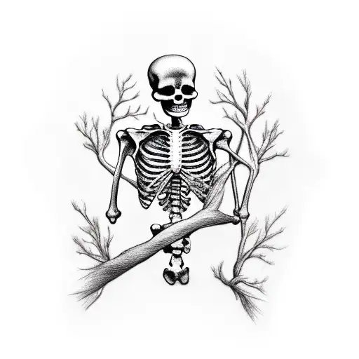 Skeleton Holding On To A Tree Branch With One Arm Trying Not To Fall