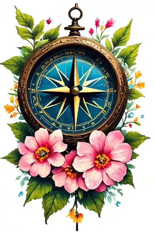 Compass With Clock And Branch Of Flowers