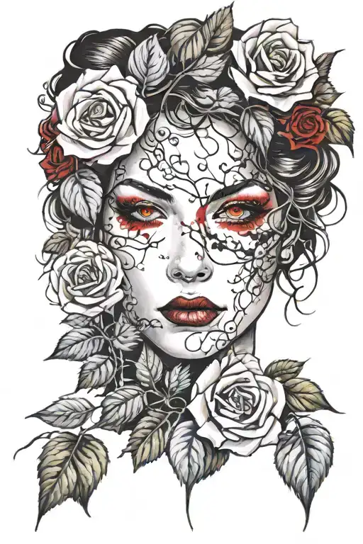 Red Eyes Woman's Face With Red Roses And Black Brambles Around It