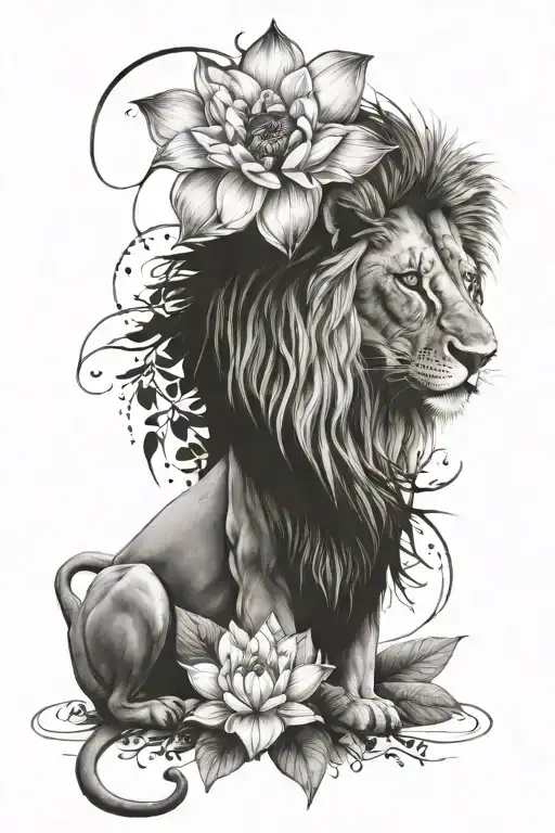 African Lion With 3 Eyes With A Lotus Flower Behind