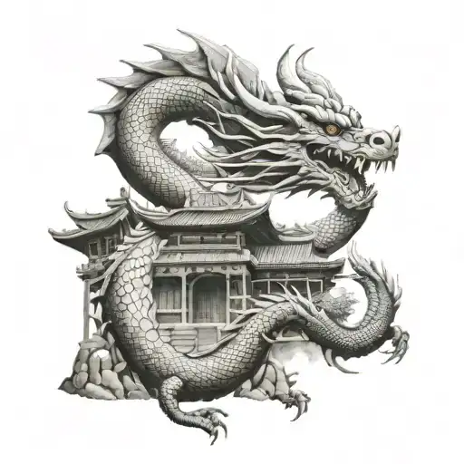 Dragon On Top Of A Japanese Temple