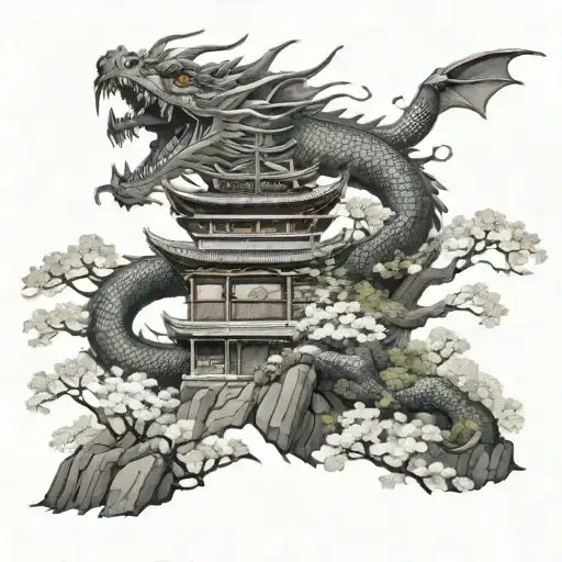 Dragon On Top Of A Japanese Temple Surrounded By Blooming
