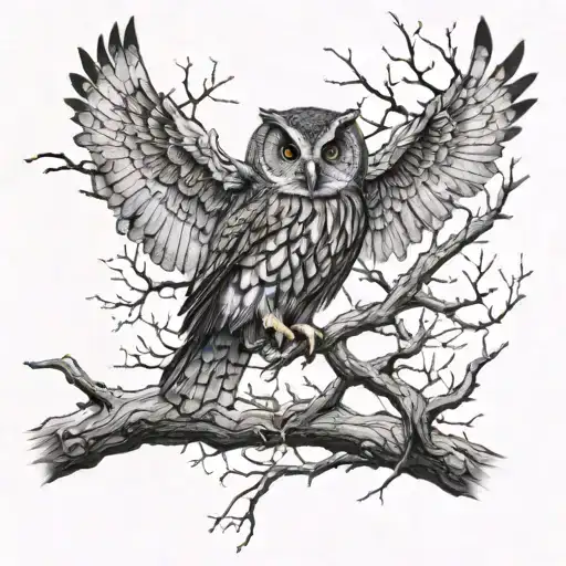 Dead Tree With An Owl Flying