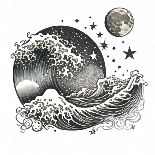 A Half Moon With Stars And Waves Crashing
