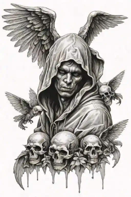 Angel With Hood With Transition To 3 Small Skulls