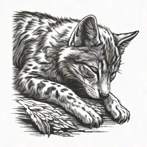 Kitten Sleeping While Being Guarded By A Wolf