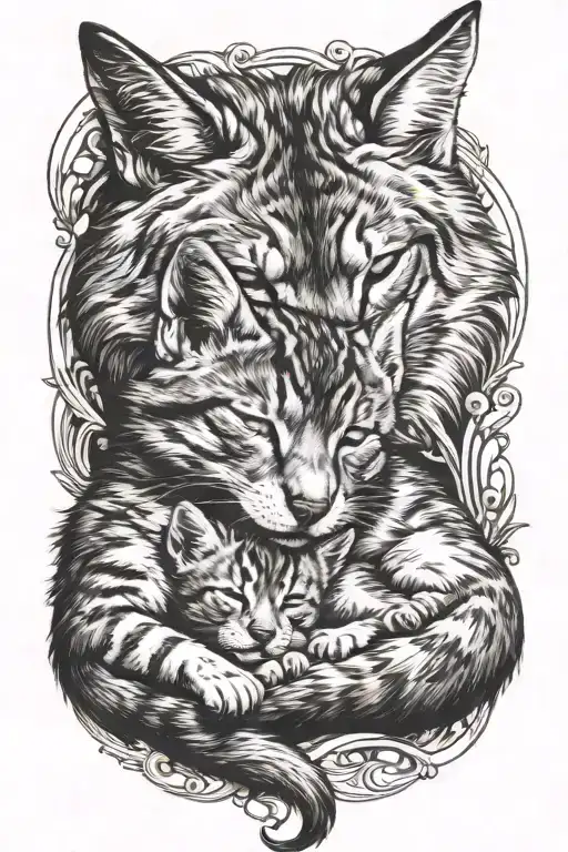 Kitten Sleeping While Being Guarded By A Wolf