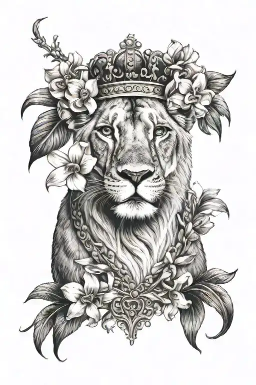 Lioness With Crown And Orchids And Flower