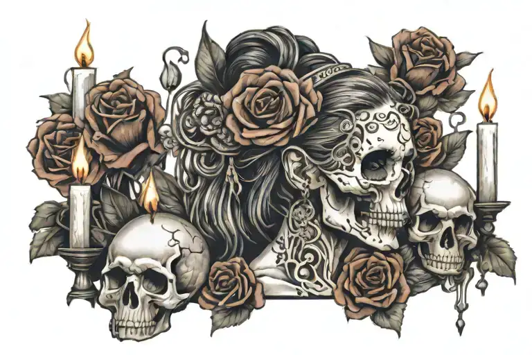 Young Blind Gypsy Holding A Skull Surrounded By Melting Candles And Flowers