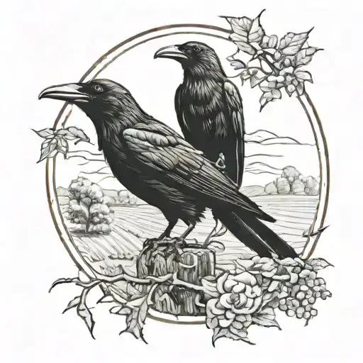 Vintage Frame Crow Standing On Branch Looking Over Farmer Working In Field