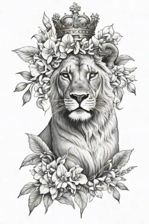 Lioness Face With Crown And Orchids