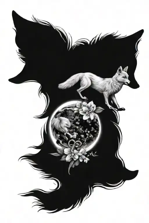 Tri Moon With Flowers And A Fox Realism