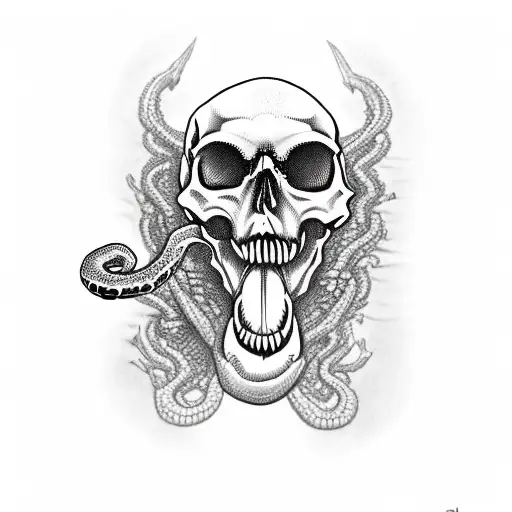 Skull With Sword Going Through It And A Snake Coming Out Of It's Mouth